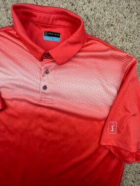 PGA Tour Golf Polo Shirt Adult Large Orange Geometric Short Sleeve Men Stretch